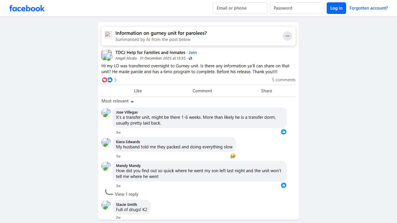 TDCJ Help for Families and Inmates Hi my LO was transferred overnight to Gurney unit Facebook