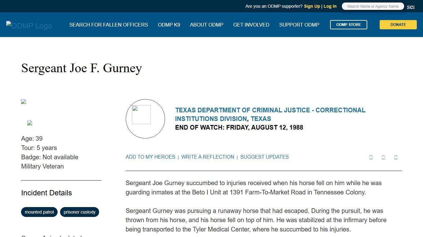 Sergeant Joe F. Gurney, Texas Department of Criminal Justice - Correctional Institutions Division, Texas